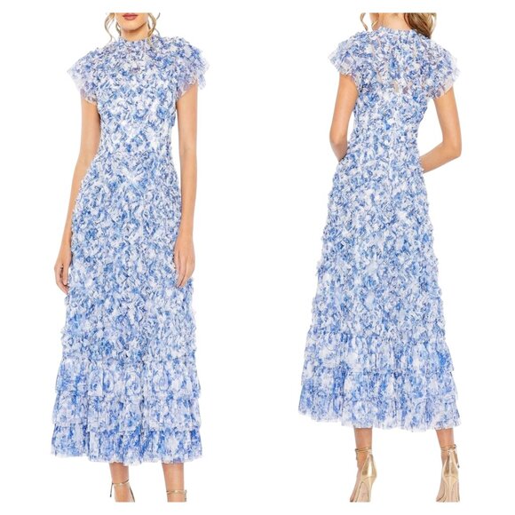 Mac Duggal 8009 Blue White Floral Chiffon Ruffle Gown Size 18 NWT
